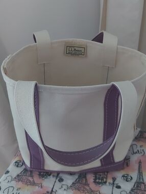 L.L. Bean Cream Canvas Tote with Purple Trim